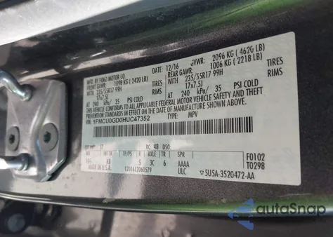 2017 Ford Escape Se из США, поврежденный, VIN 1FMCU0GD0HUC47352